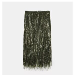 Zara ZW COLLECTION Olive Fringe Sequin Midi Skirt